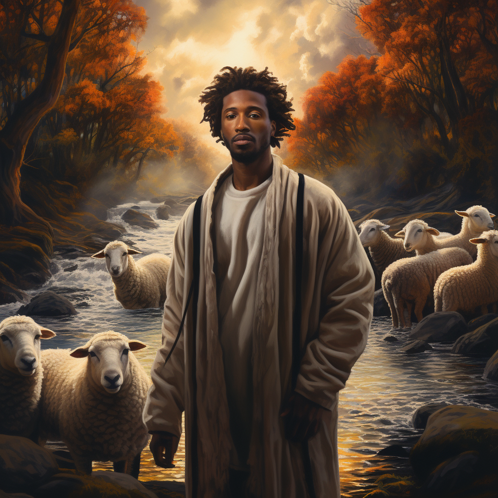 Melanated Jesus leading sheep by an autumn stream