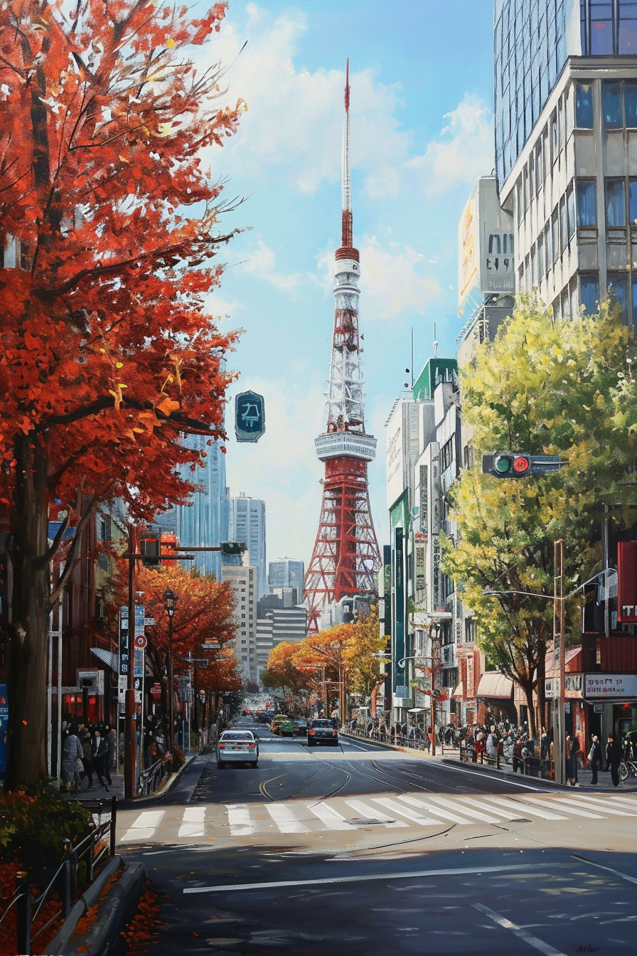 Colorful Tokyo street scene in autumn