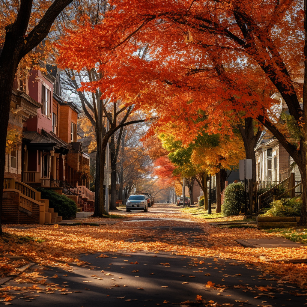 Scenic autumn street with colorful leaves