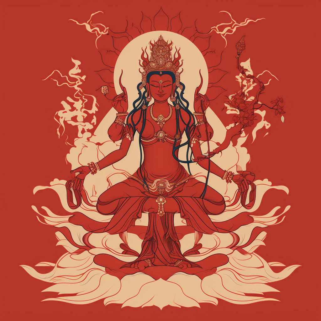 Simplified depiction of Avalokiteshvara Bodhisattva in cinnabar-line style