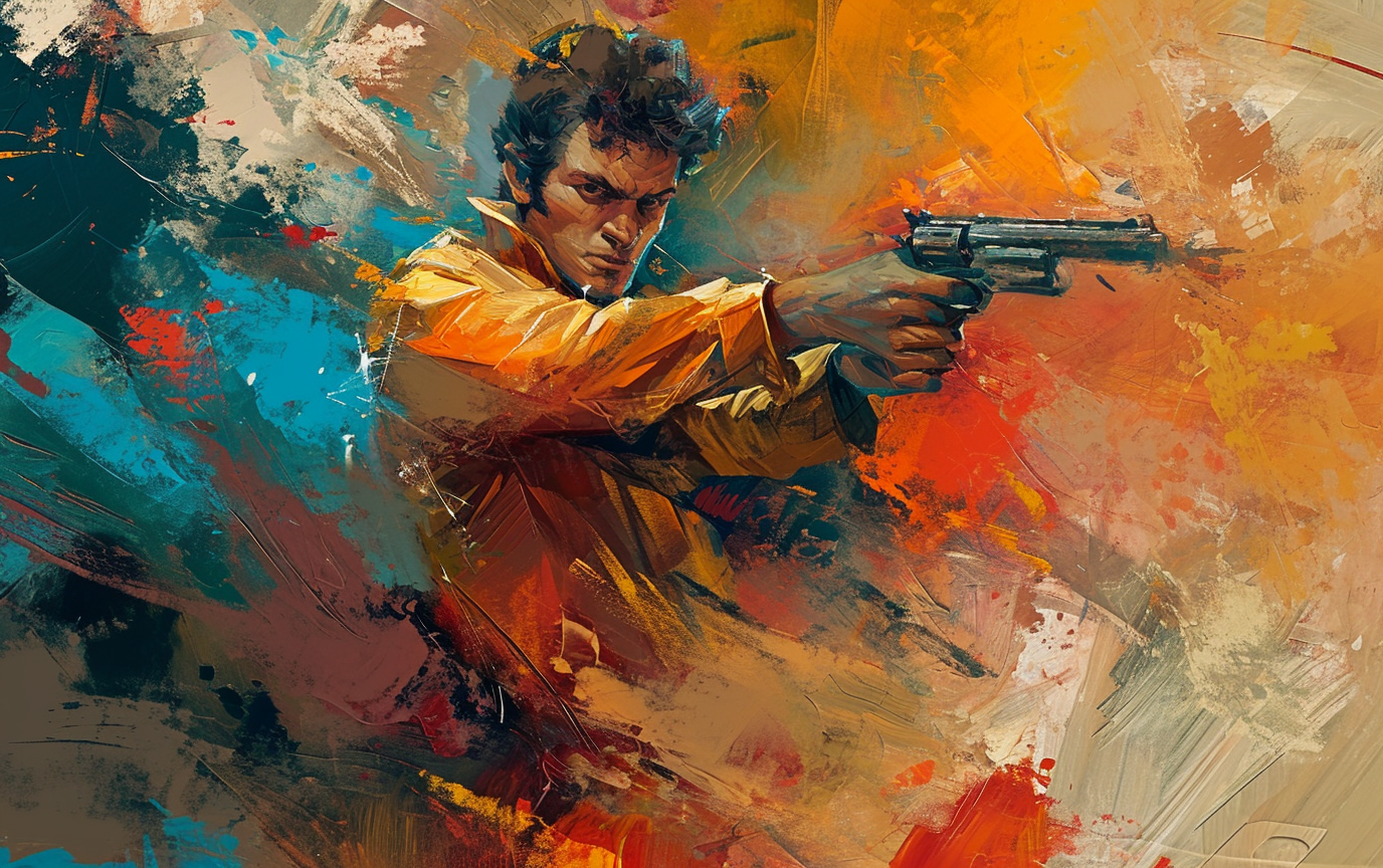 Avant-garde action movie protagonist painting