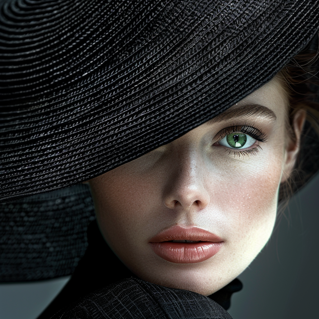 Model with avant-garde black hat