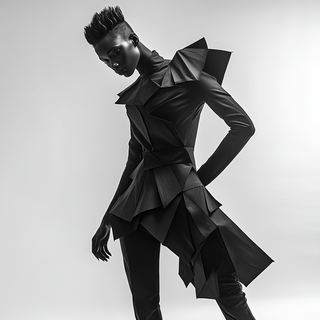 Model in Geometric Black Outfit