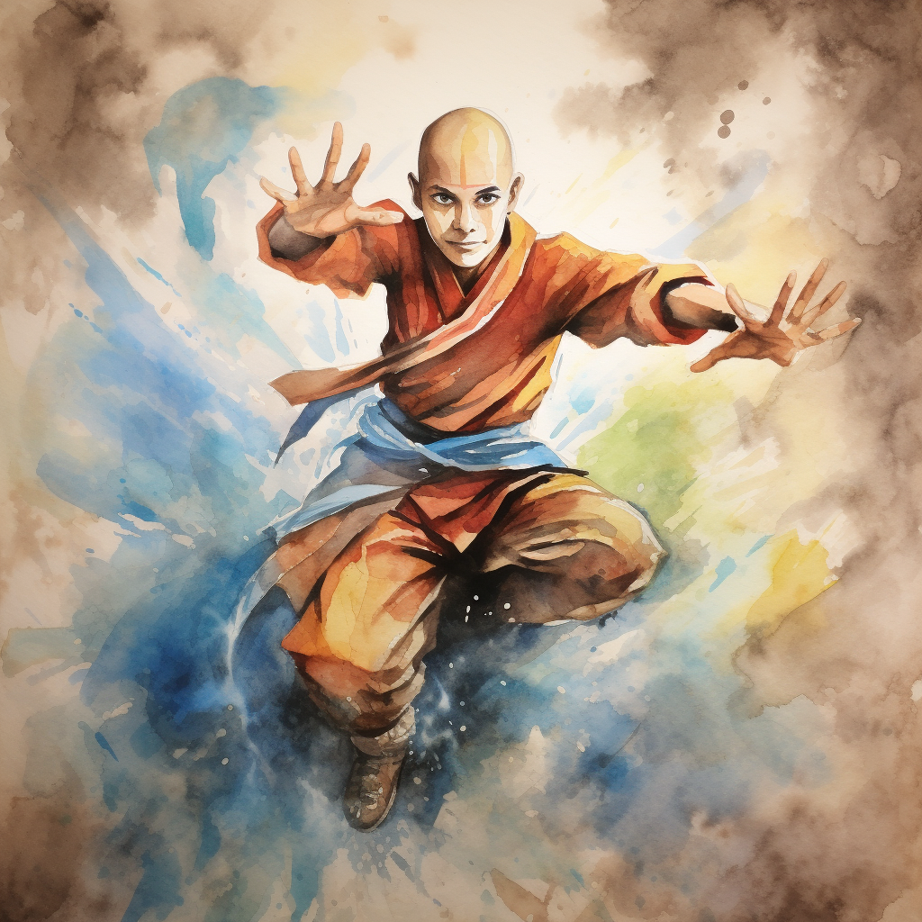 Aang from the Last Airbender Doing a Cool Pose in Watercolor