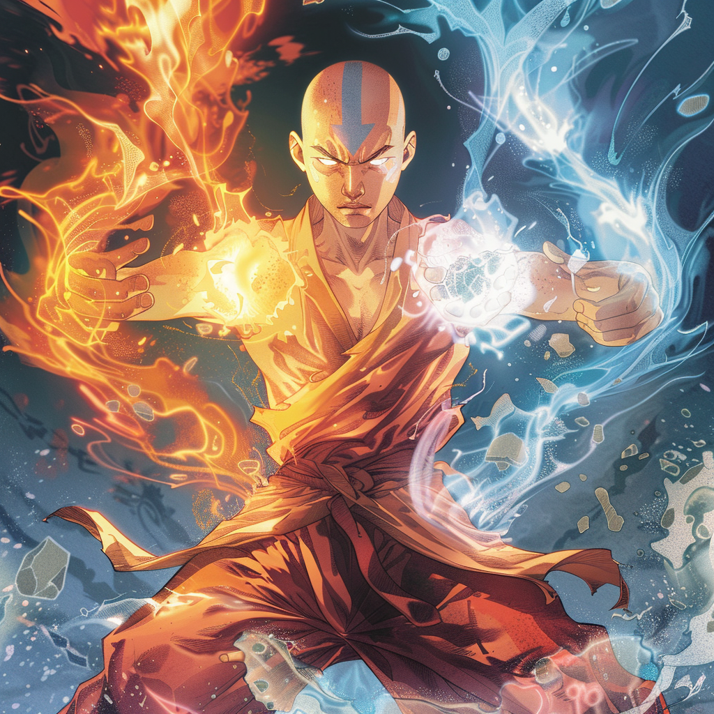 Aang with four elements swirling