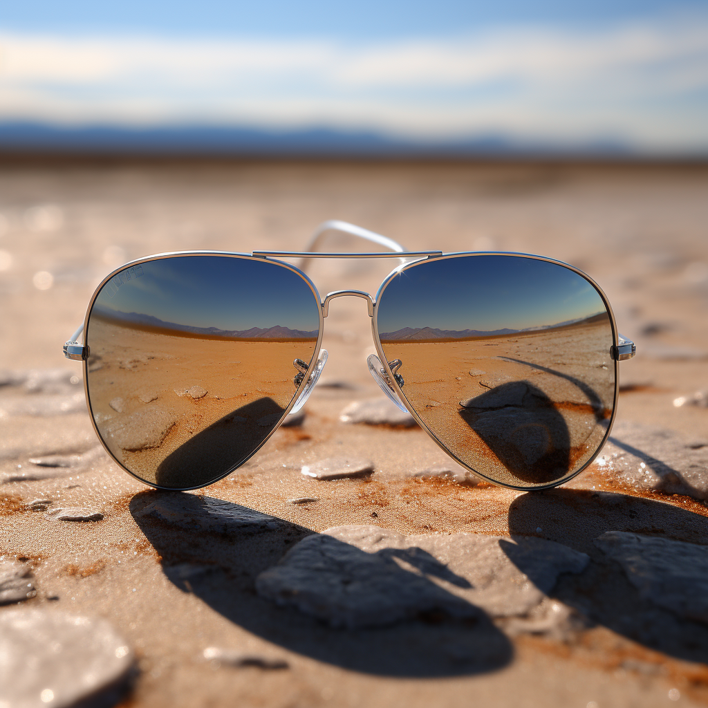 Aviator sunglasses reflection on barren landscape