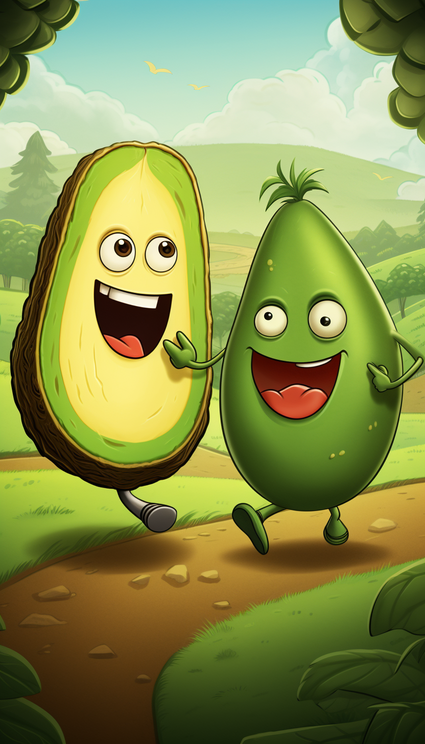 Cartoon image of avocado and banana running in tall grass