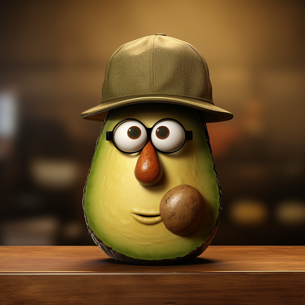 Avocado with Mr Potato Head wearing Burberry cap