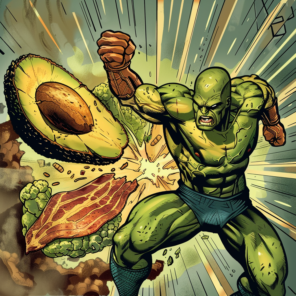 Avocado superhero fighting bacon man