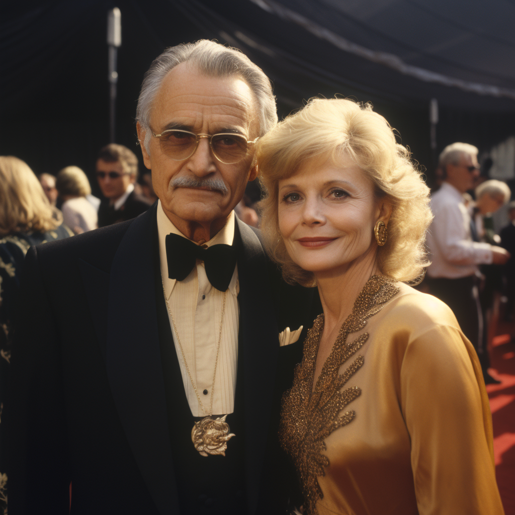 Glamorous award show couple smiling on red carpet