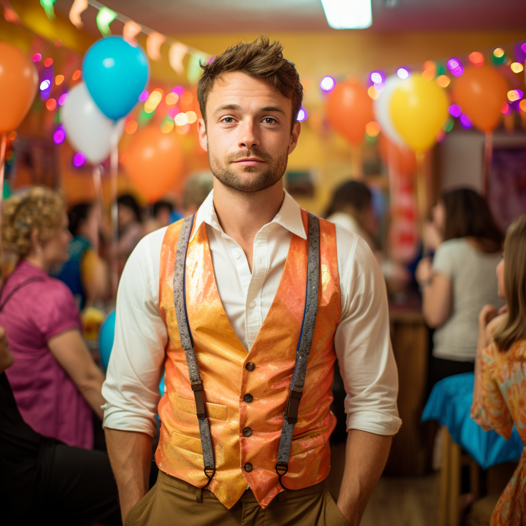 Man in Vest in Awkward Birthday Party Moment