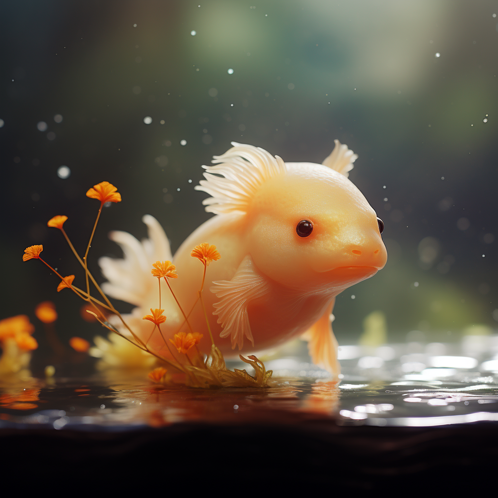 Axolotl mixed with goldfish side view