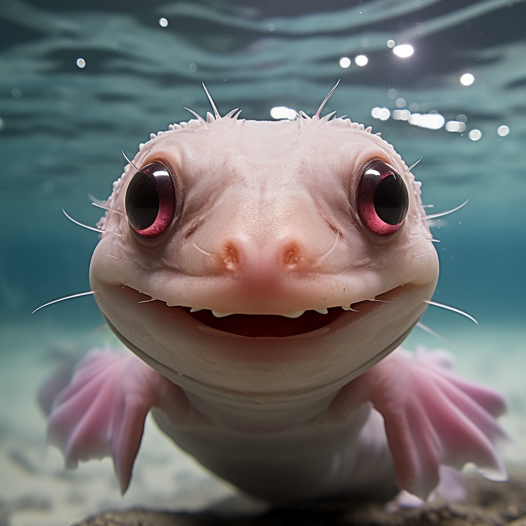 Axolotl smiling with fish eye lens