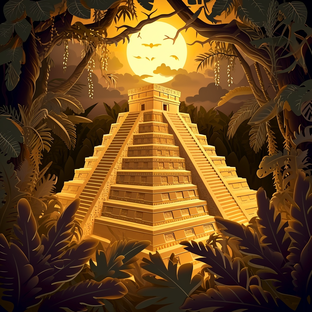 aztec pyramid intricate carvings paper cut style vector