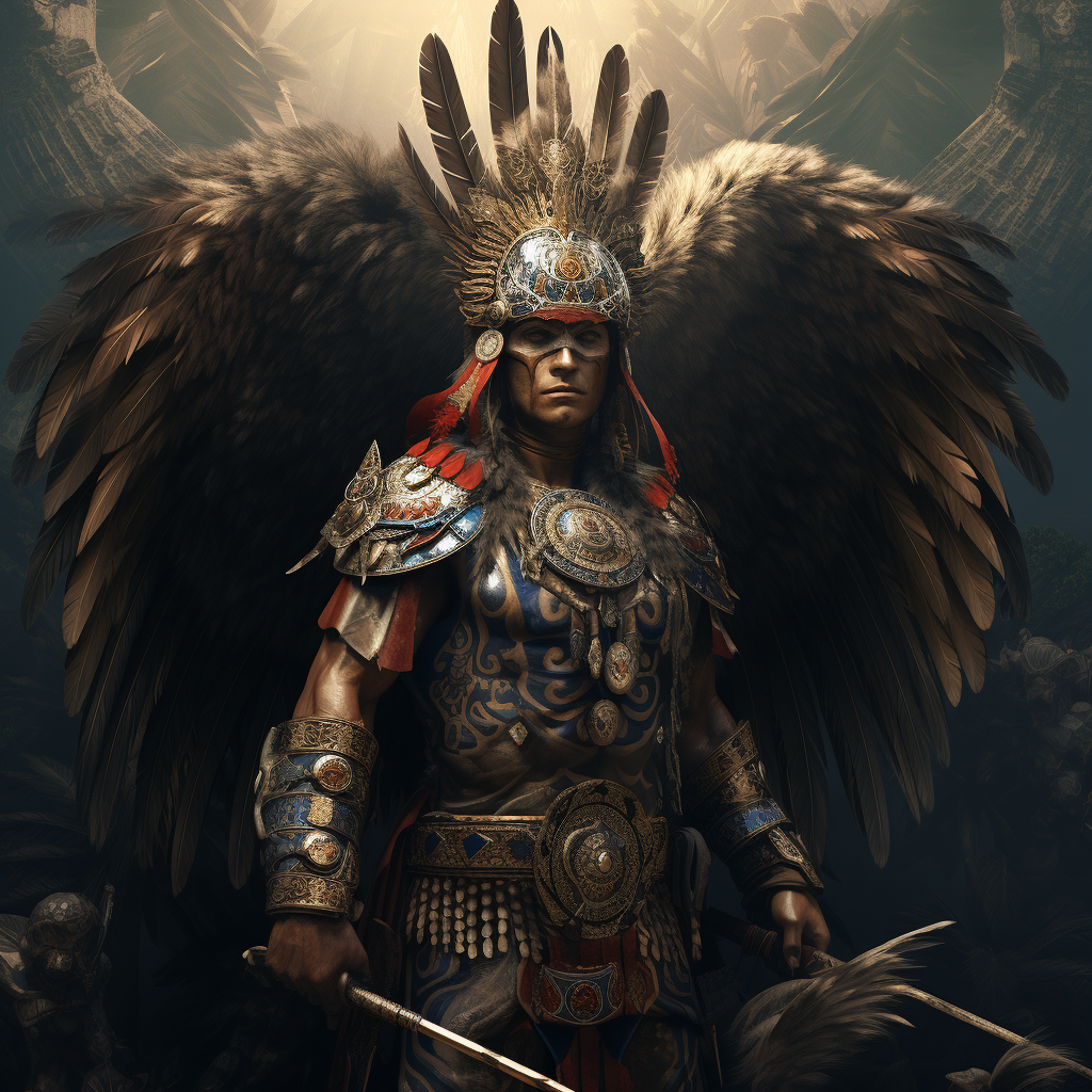 Aztec warrior sword eagle feathers background