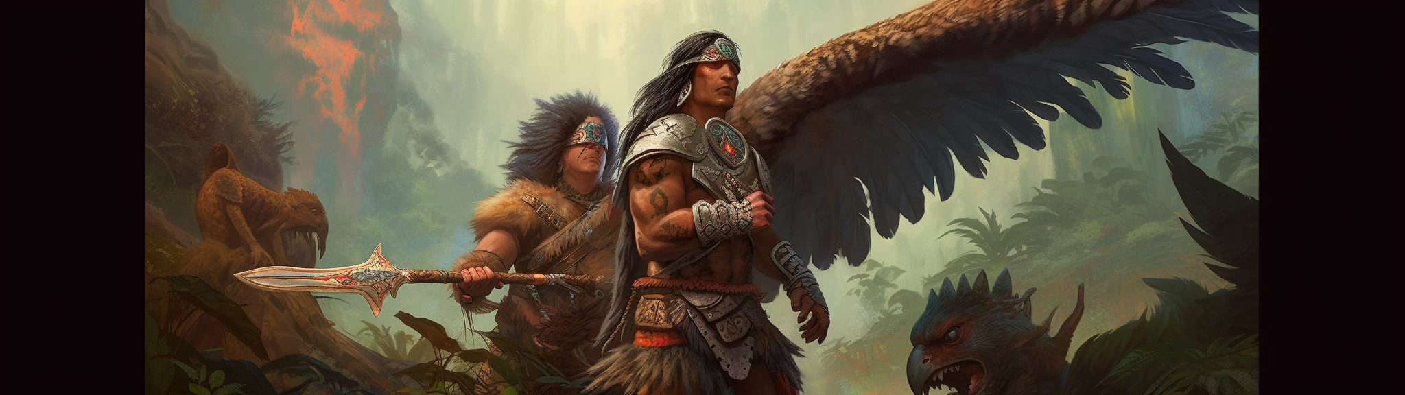 Aztec warrior battling white feathered raptor in forest