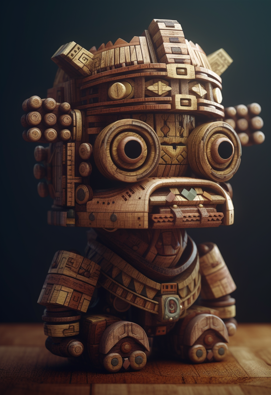 Aztec wooden toy, realistic 3D image