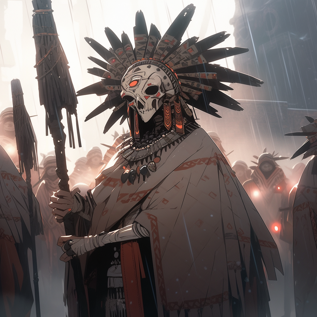 Aztec Elder in Anime Battlesuit with Staff