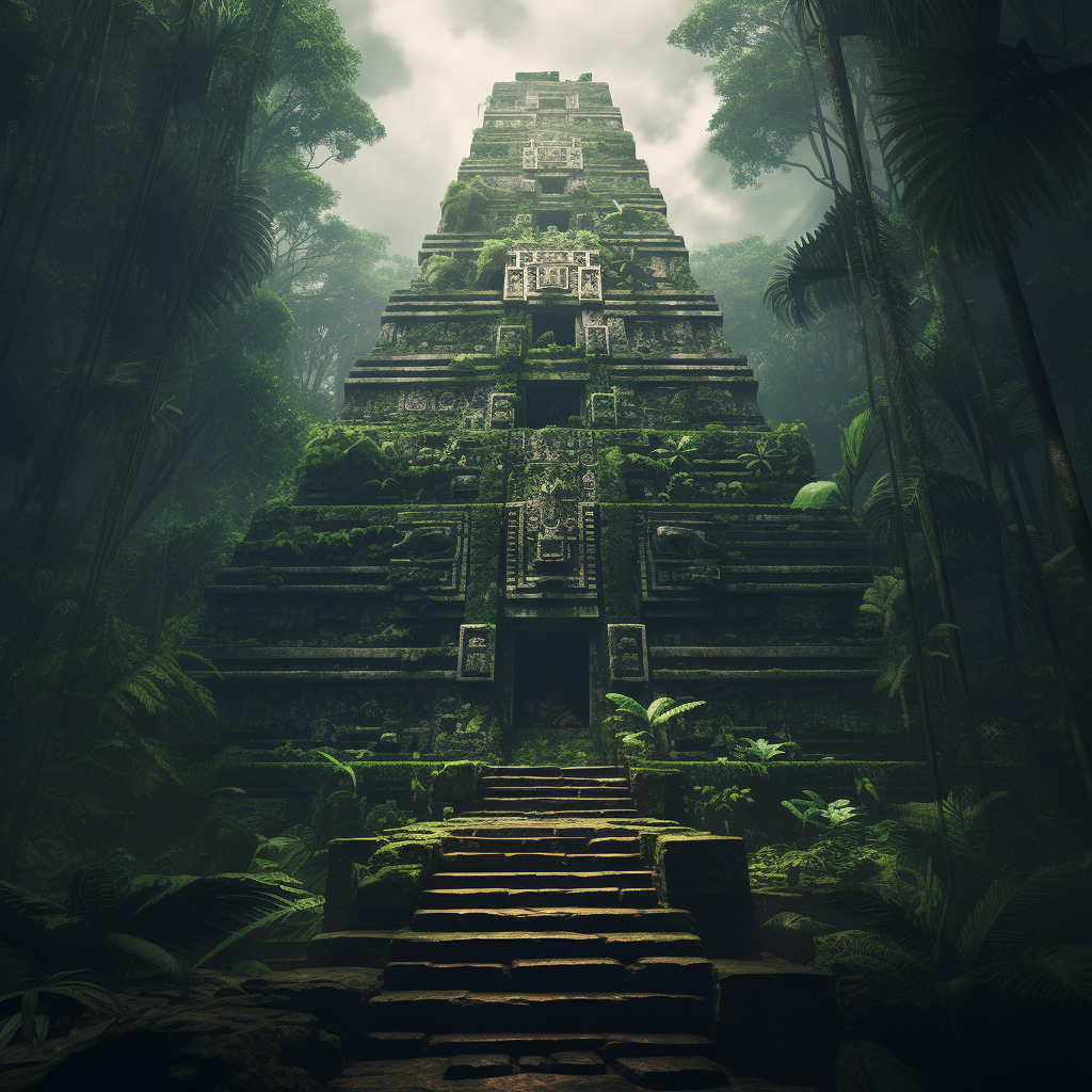 Ancient Aztec temple nestled in lush jungle