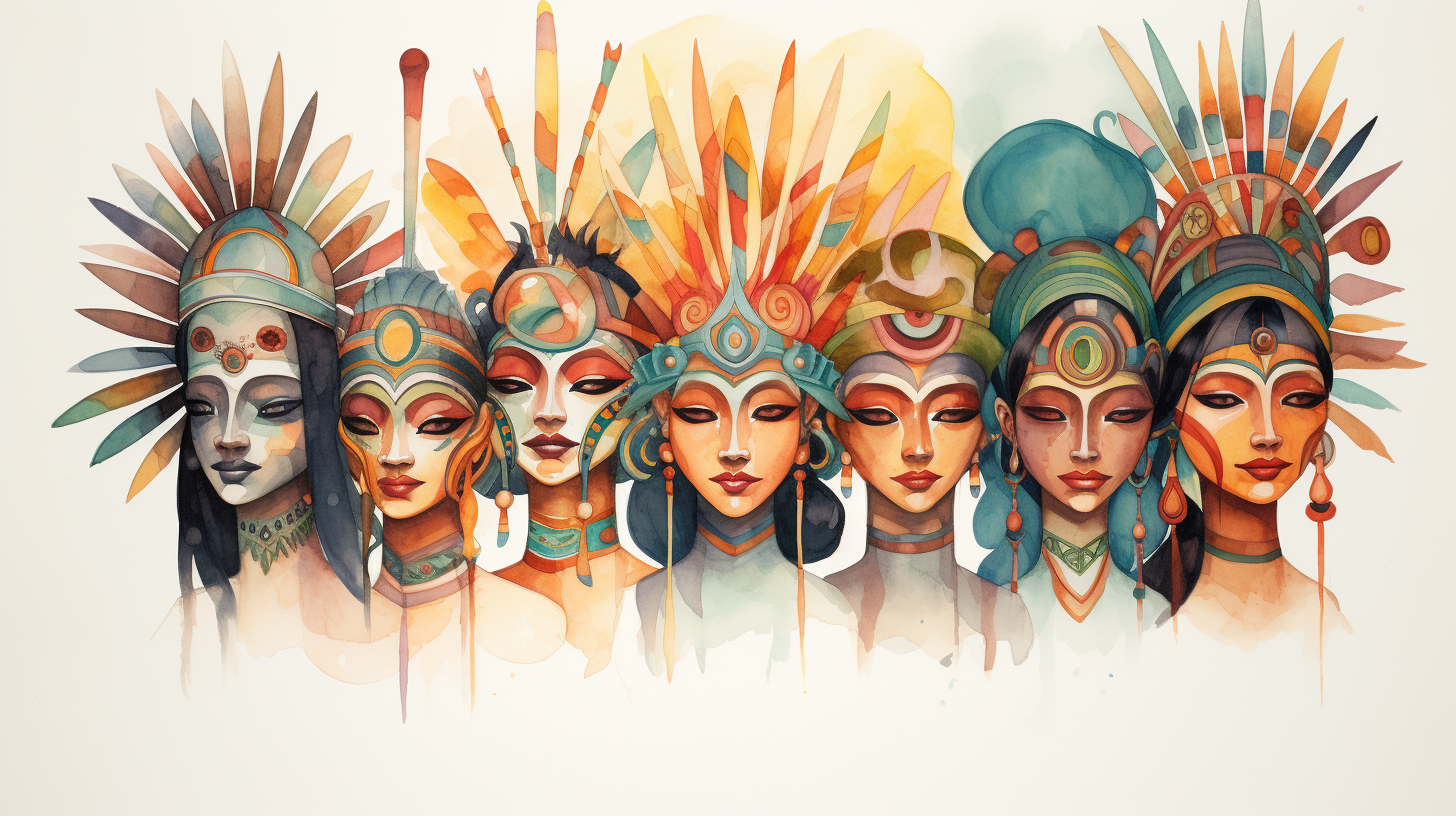 Vibrant 2D watercolor illustration of Azteca community group