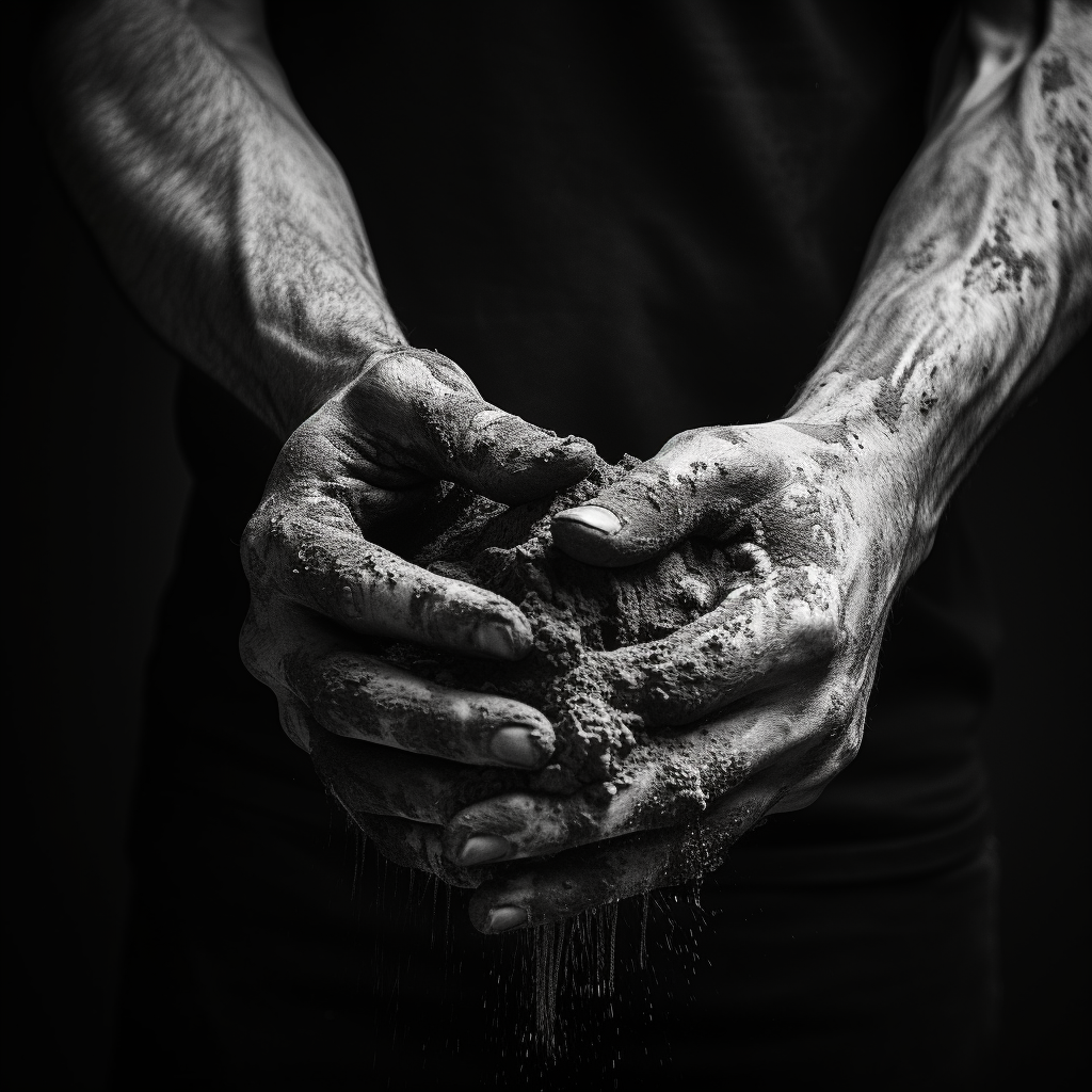 Monochrome sculpture hand with dust