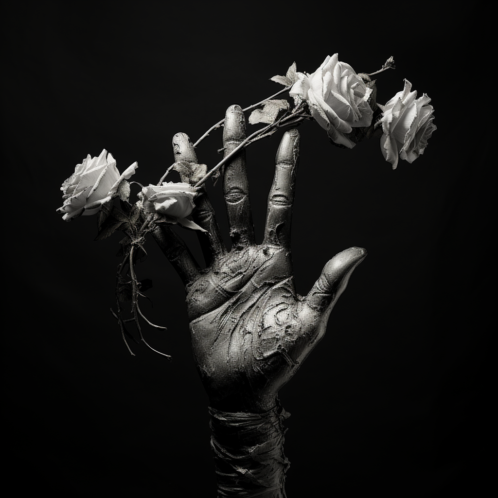 Beautiful sculpture hand holding flowers on black background