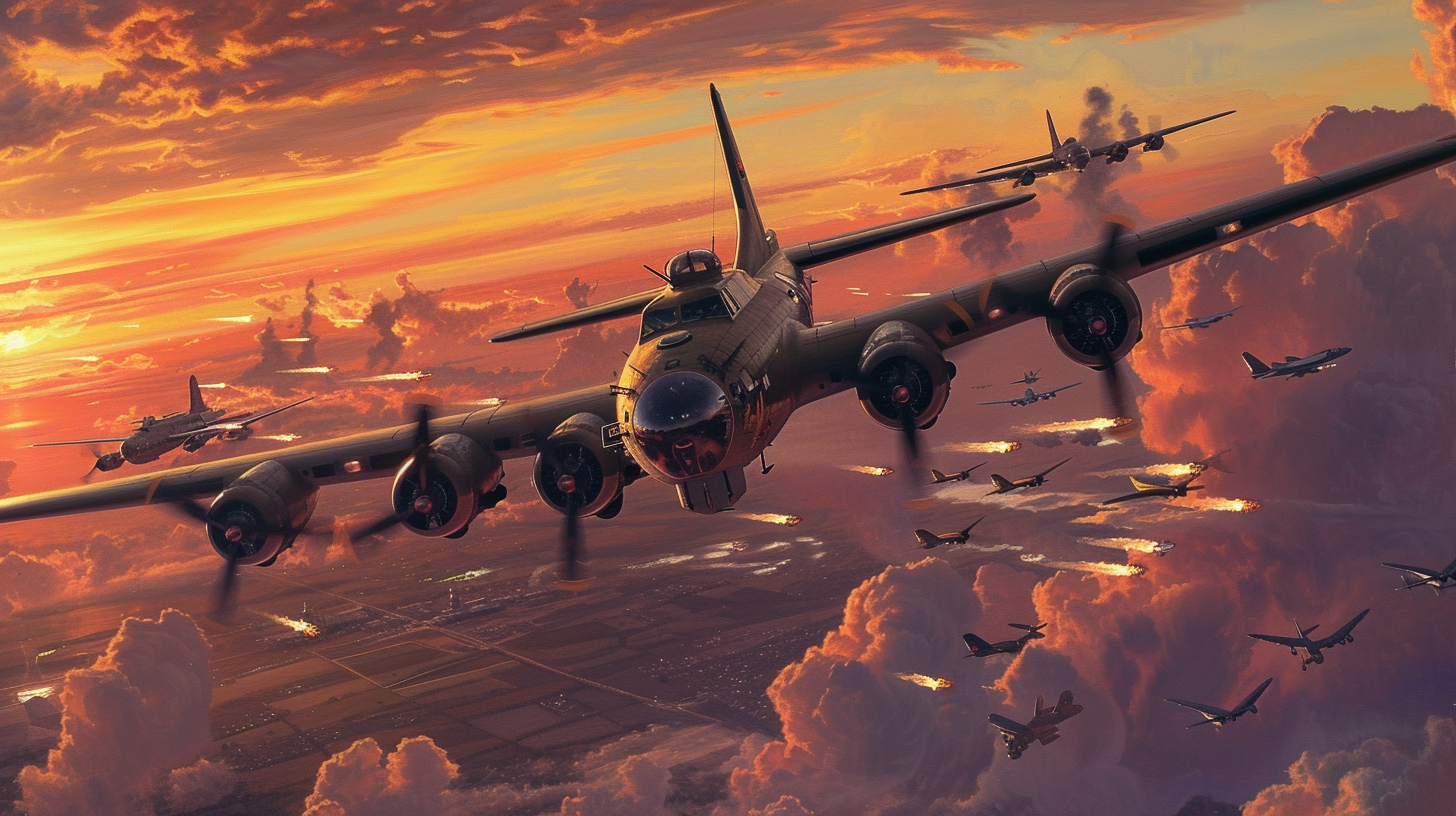 B17 Flying Fortress Bomber Airplanes Formation Dresden Germany Sunset