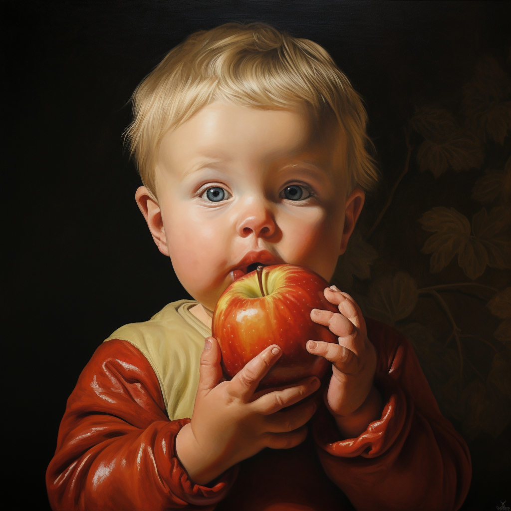 Adorable baby enjoying a fresh apple from the oven