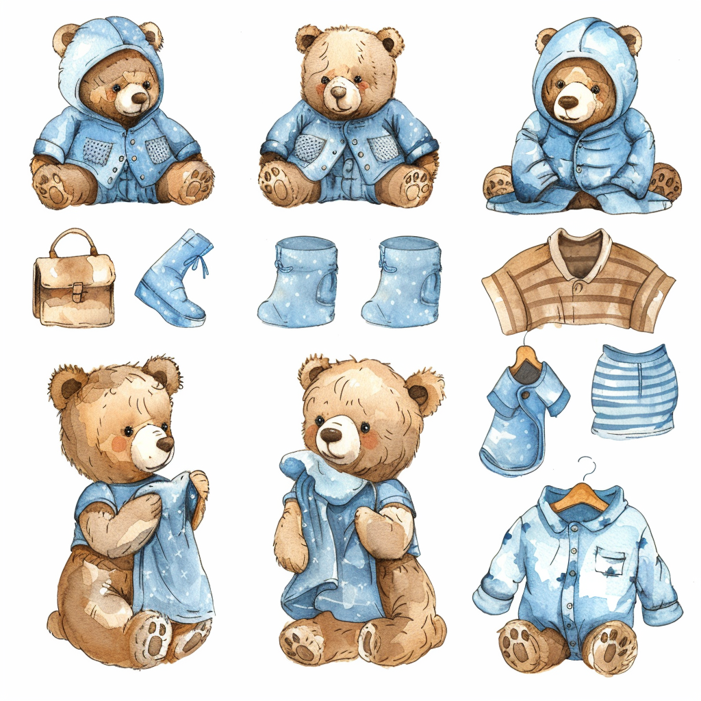 Baby bear dressing clipart set