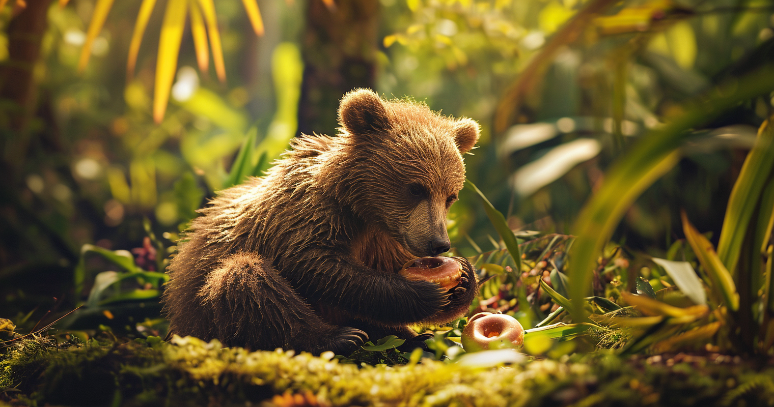 Happy baby bear enjoying donut holes