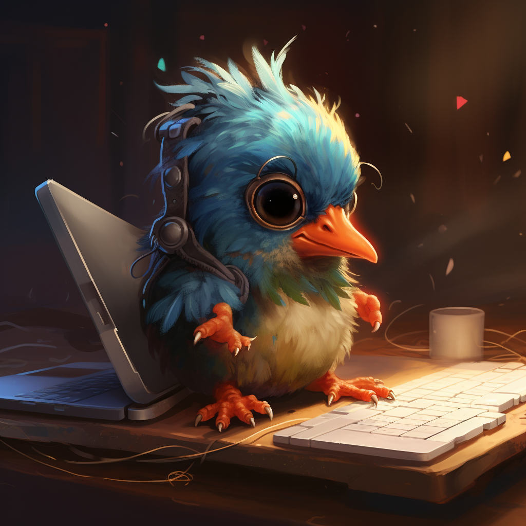 Cute baby bird playing computer