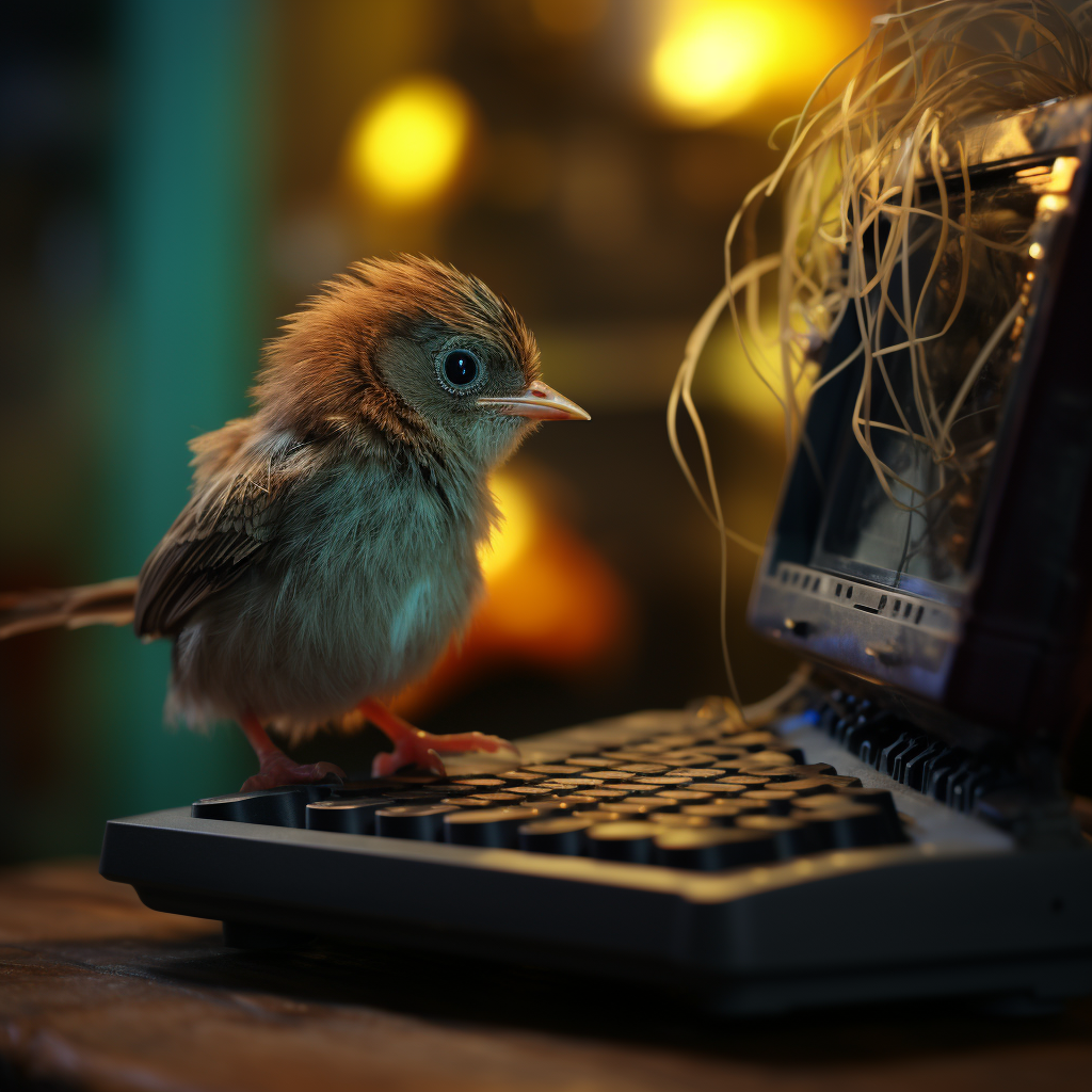 Adorable baby bird playing computer