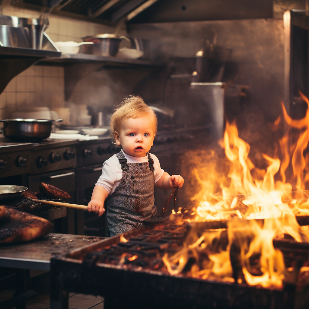 Baby Boy Cooking in Restaurant Kitchen