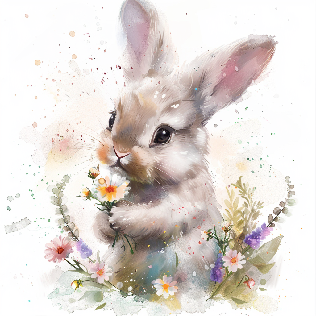 Cute baby bunny holding flowers