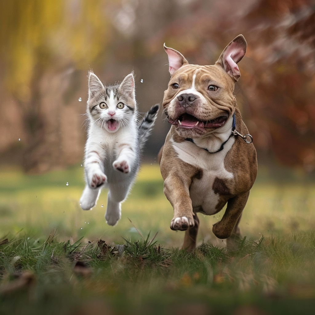 Baby cat chasing pitbull