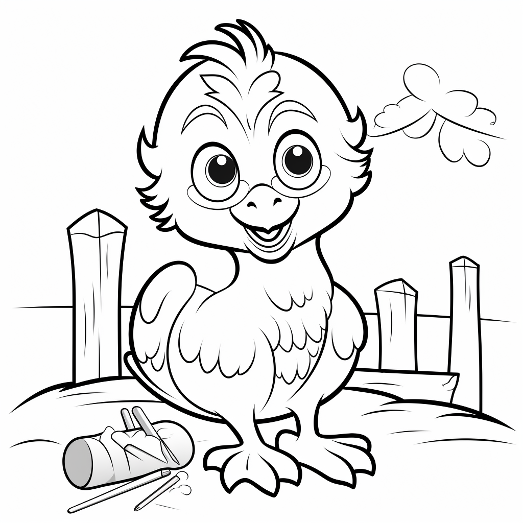 Cute baby chicken eating from coloring book