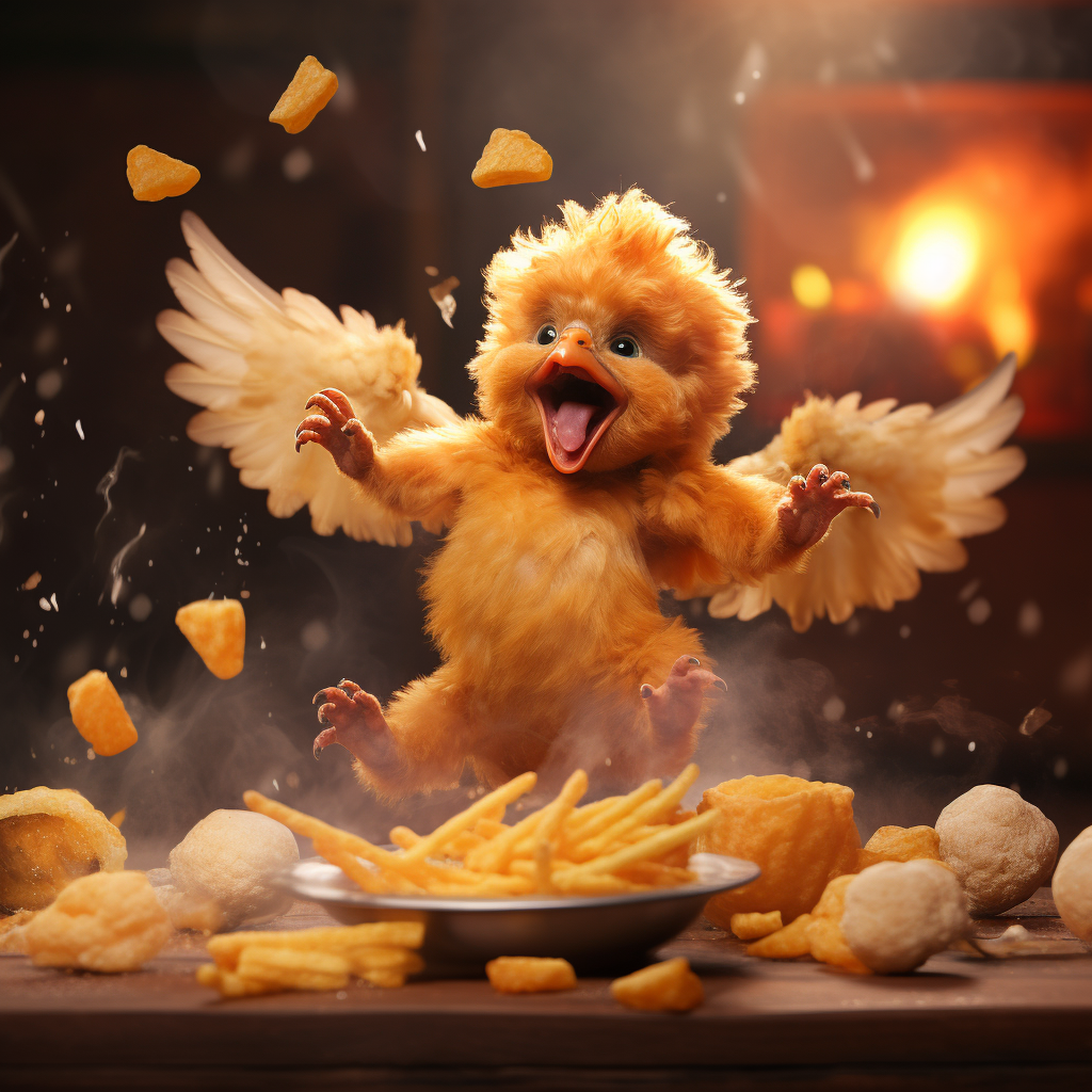 Baby chicken enjoying chicken wings and nuggets