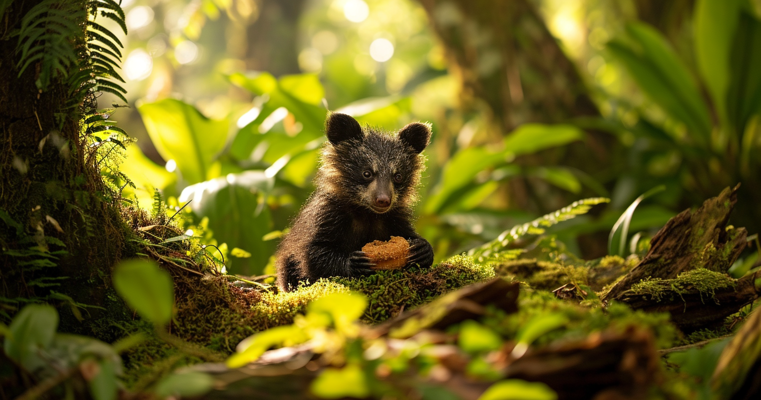 Cute baby bear enjoying donutholes in Kauai jungle.