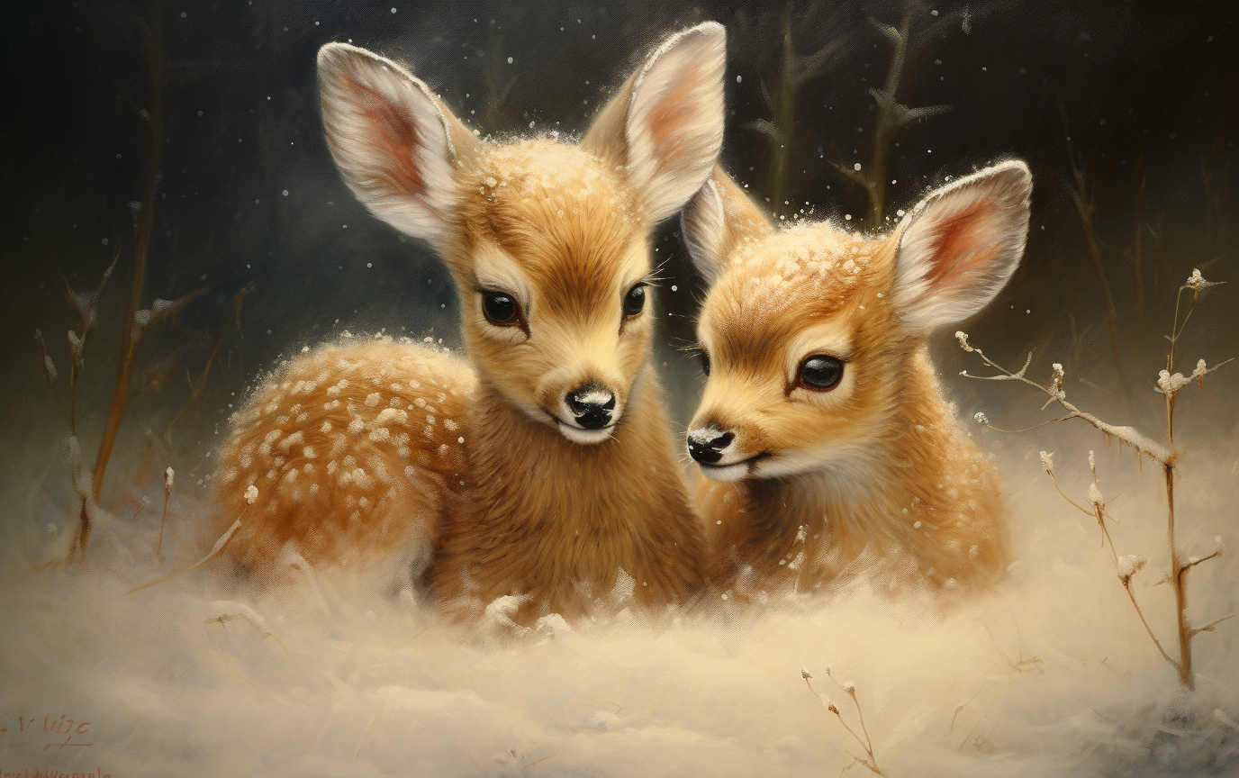 Two Cute Baby Deer in Snowy Christmas Painting