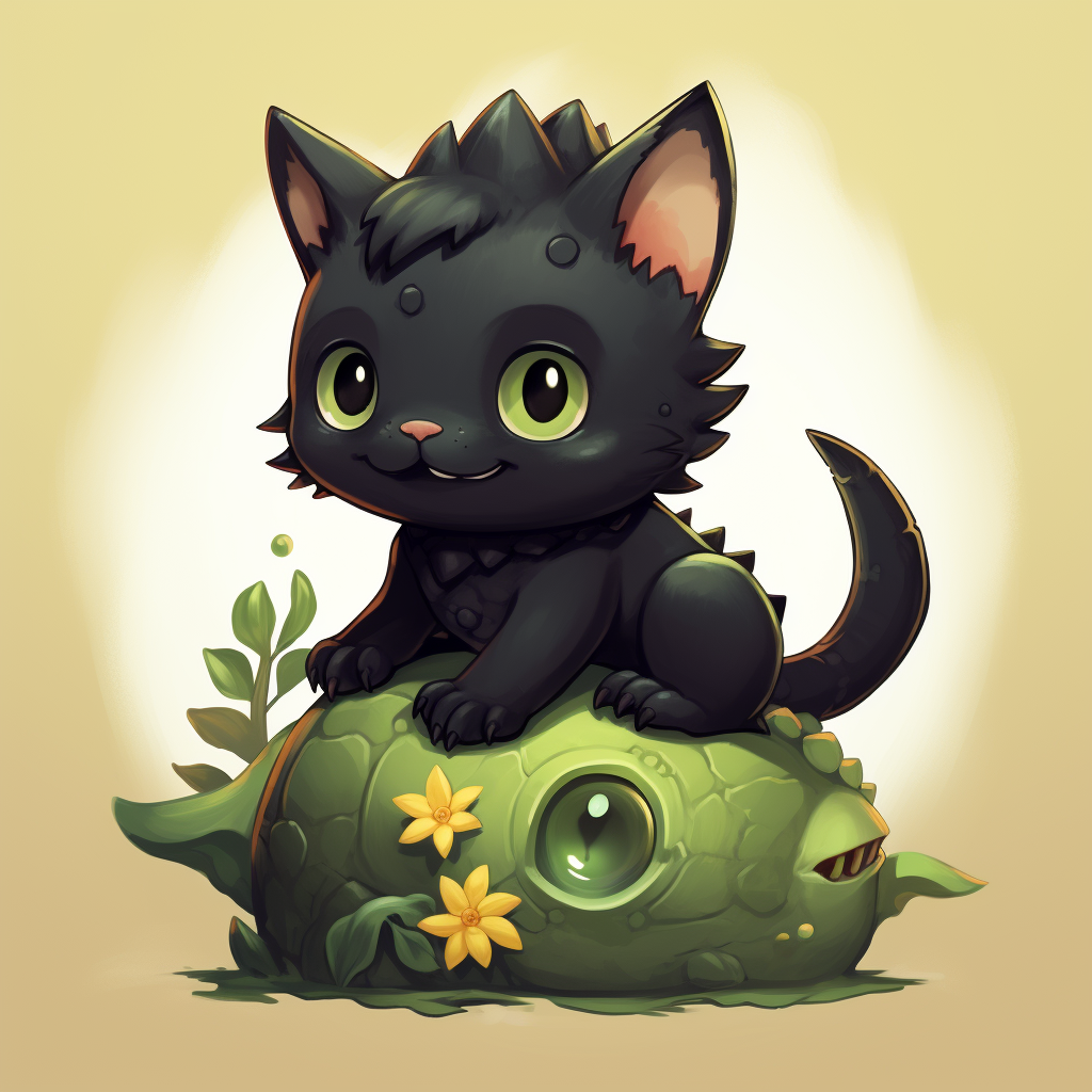 Cute baby dino riding black dino cat