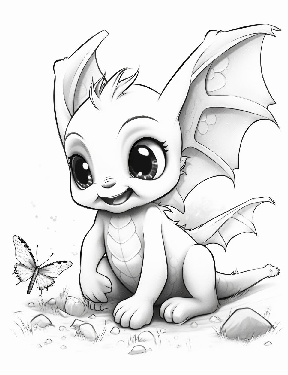 Cute baby dragon playing with butterfly