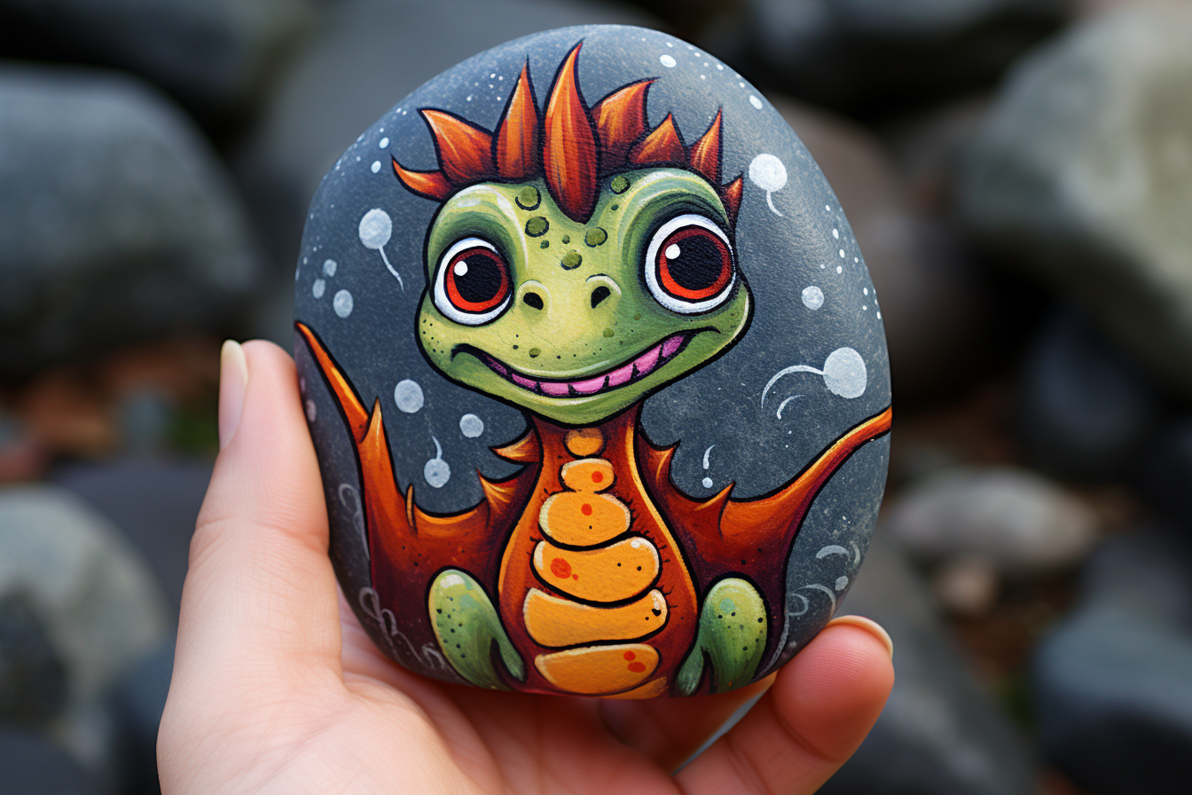 Close up of adorable baby dragon rock painting