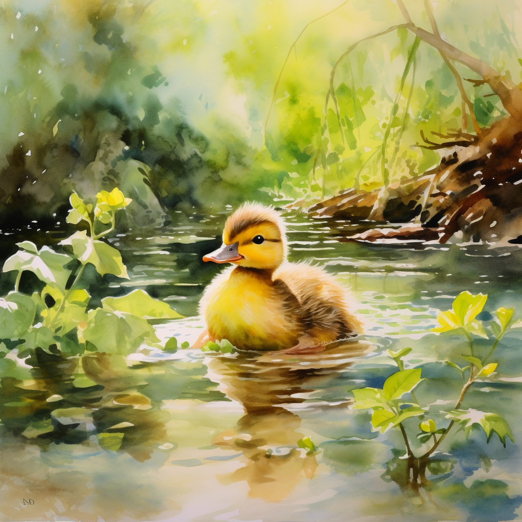 Yellow baby duckling in a pond surrounded by redwood trees