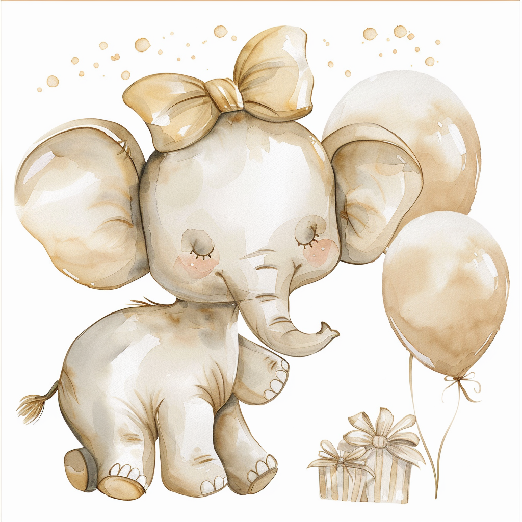 Baby elephant holding balloons and wearing bow