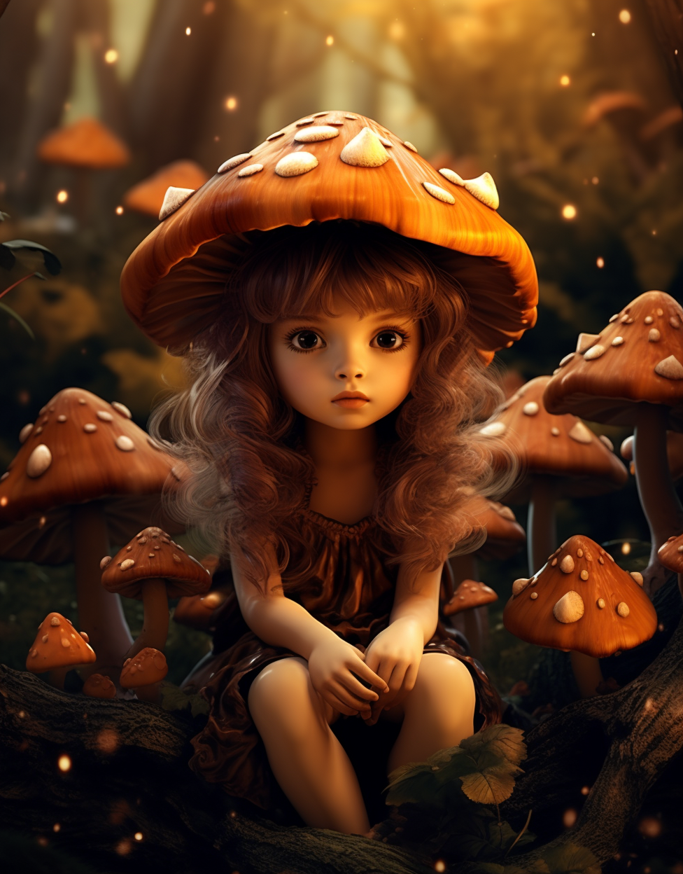 Baby fairy with mushroom wings in magical forest