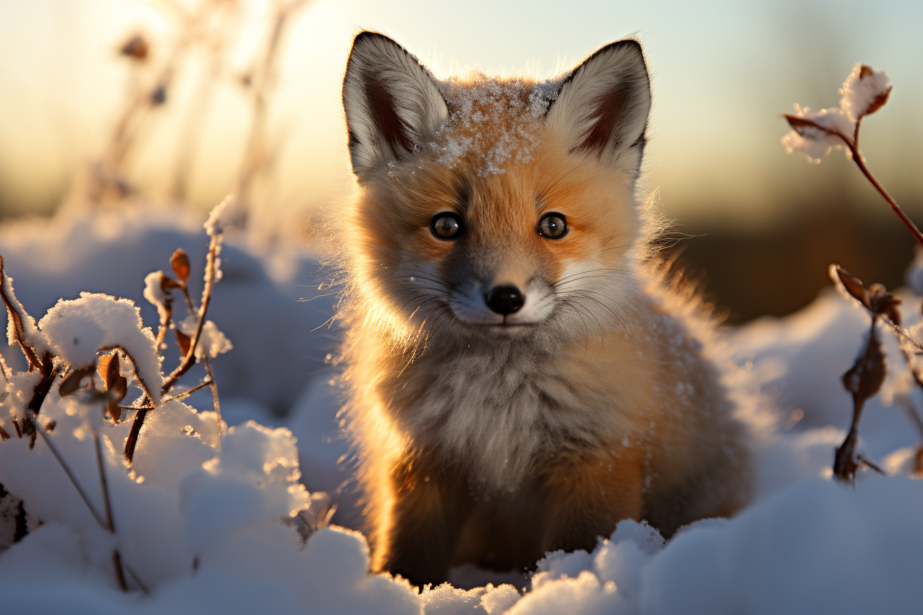 Adorable baby fox in snowy field