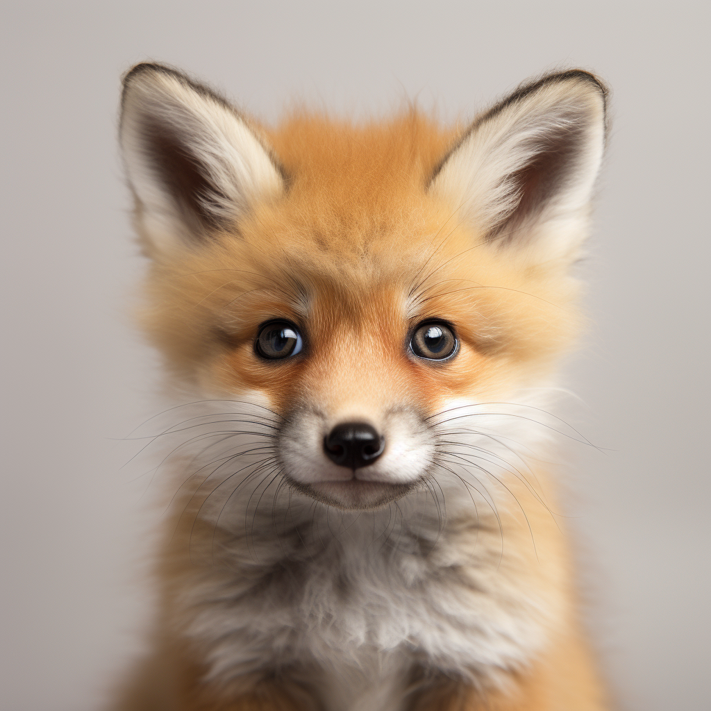 Cute baby fox on white grey background