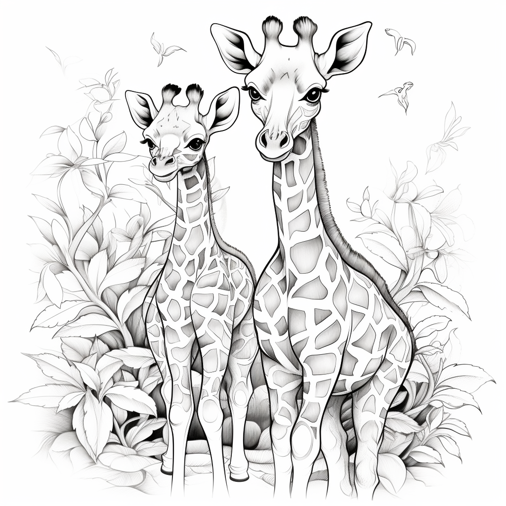 Baby Giraffe and Mommy Giraffe Coloring Page