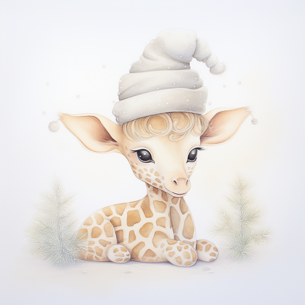 Adorable baby giraffe in Christmas hat