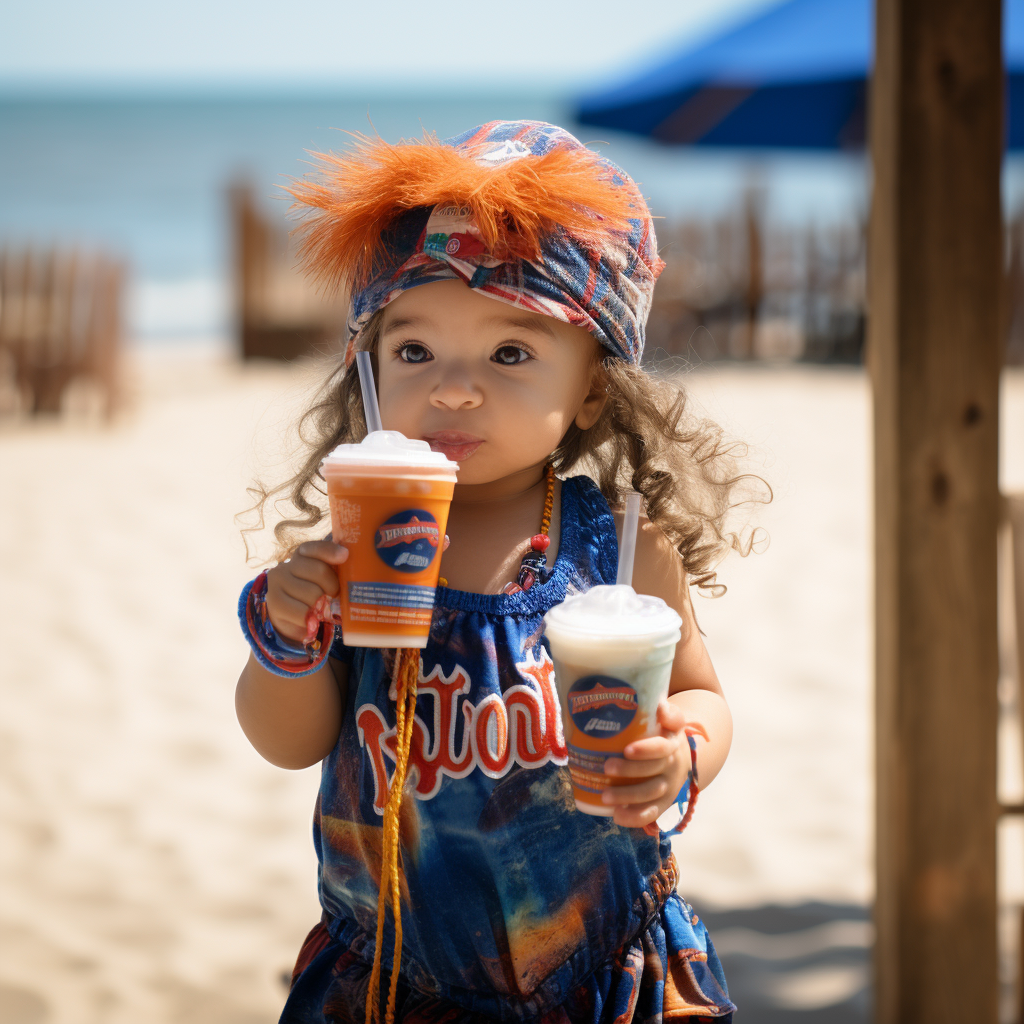 Cute baby girl in hula dancer outfit at the beach